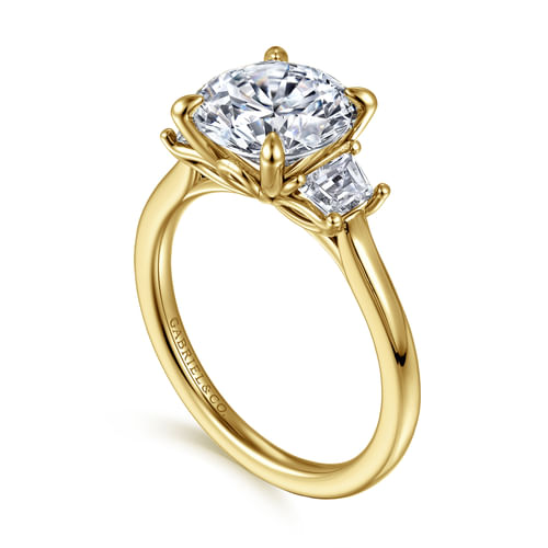 14K Yellow Gold Round Three Stone Lotus Diamond Engagement Ring