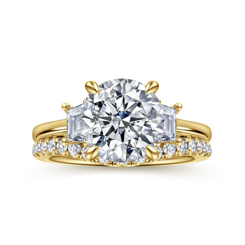 14K Yellow Gold Round Three Stone Lotus Diamond Engagement Ring