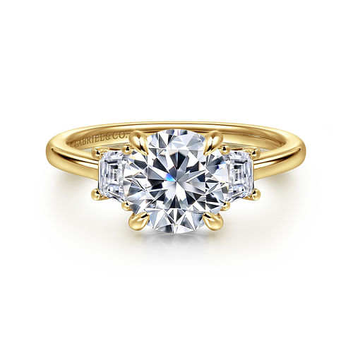 14K Yellow Gold Round Three Stone Lotus Diamond Engagement Ring