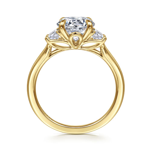 14K Yellow Gold Round Three Stone Lotus Diamond Engagement Ring