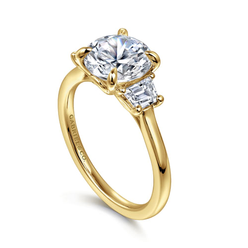 14K Yellow Gold Round Three Stone Lotus Diamond Engagement Ring