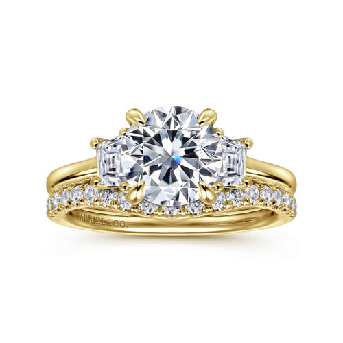 14K Yellow Gold Round Three Stone Lotus Diamond Engagement Ring