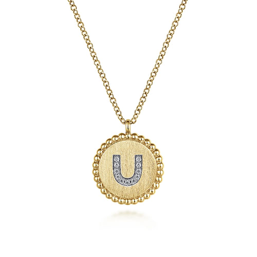 14K Yellow Gold Round U Initial Pendant Necklace with Diamonds