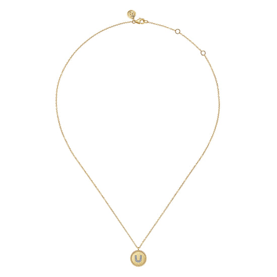 14K Yellow Gold Round U Initial Pendant Necklace with Diamonds angle 2