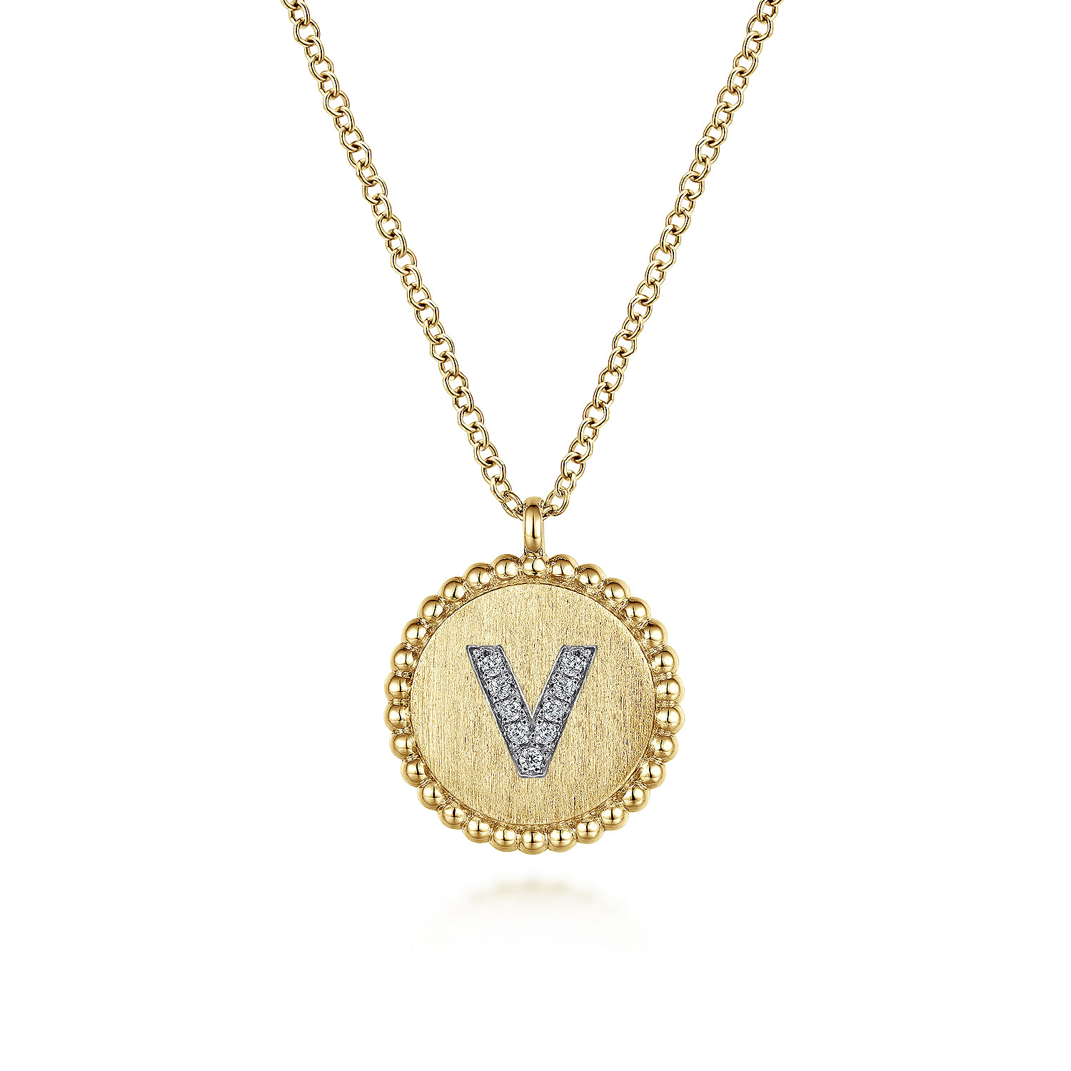 14K Yellow Gold Round V Initial Pendant Necklace with Diamonds