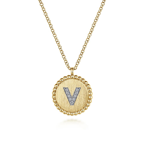 14K Yellow Gold Round V Initial Pendant Necklace with Diamonds