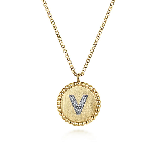 Gabriel - 14K Yellow Gold Round V Initial Pendant Necklace with Diamonds