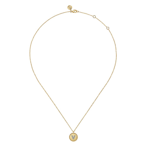 14K Yellow Gold Round V Initial Pendant Necklace with Diamonds