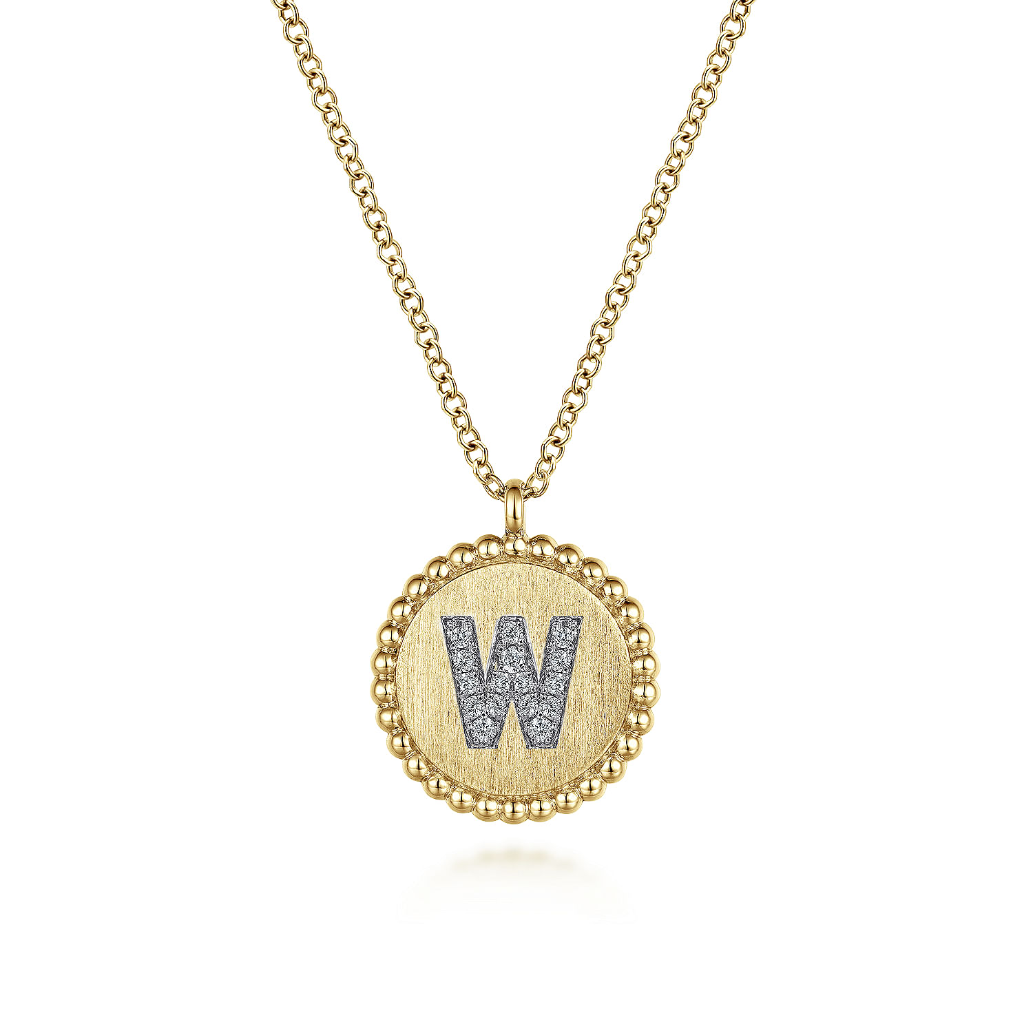 14K Yellow Gold Round W Initial Pendant Necklace with Diamonds