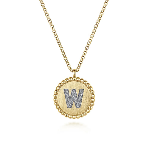 14K Yellow Gold Round W Initial Pendant Necklace with Diamonds