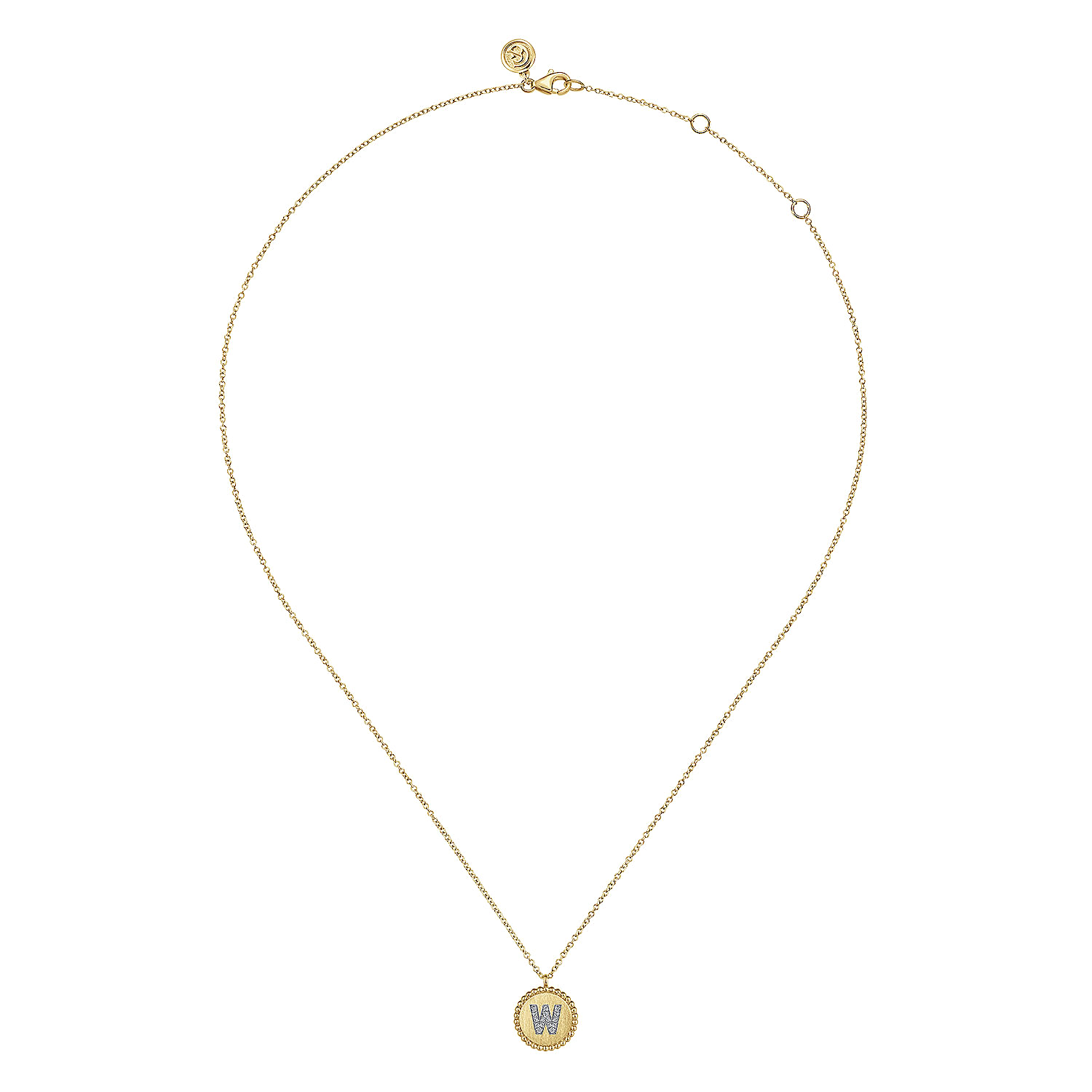 14K Yellow Gold Round W Initial Pendant Necklace with Diamonds