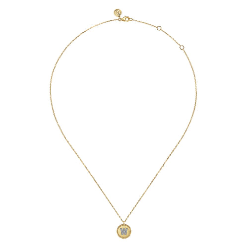 14K Yellow Gold Round W Initial Pendant Necklace with Diamonds