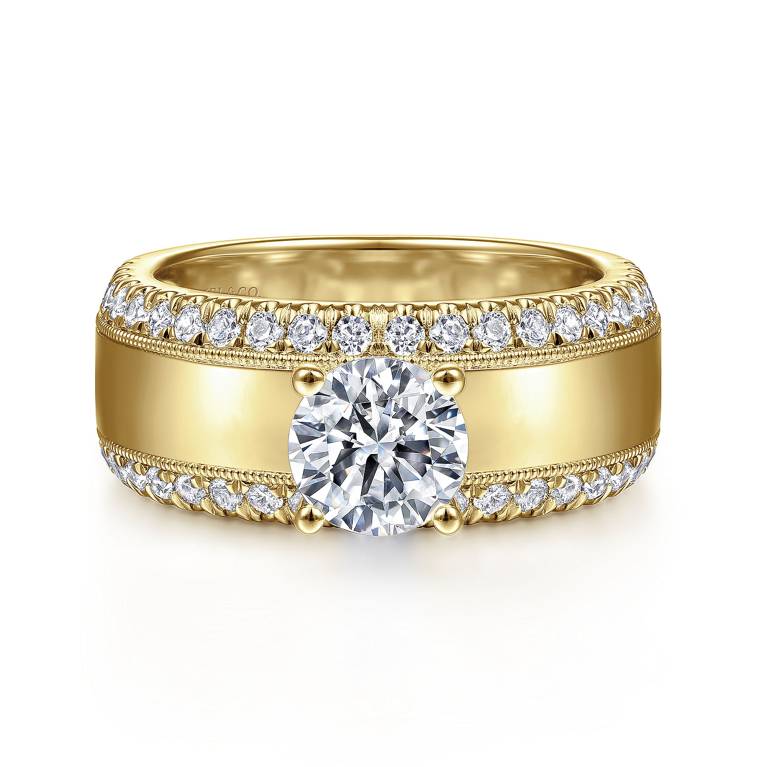 Gabriel - 14K Yellow Gold Round Wide Band Diamond Engagement Ring