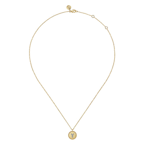 14K Yellow Gold Round Y Initial Pendant Necklace with Diamonds