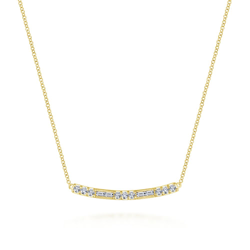 14K Yellow Gold Round and Baguette Diamond Curved Bar Necklace