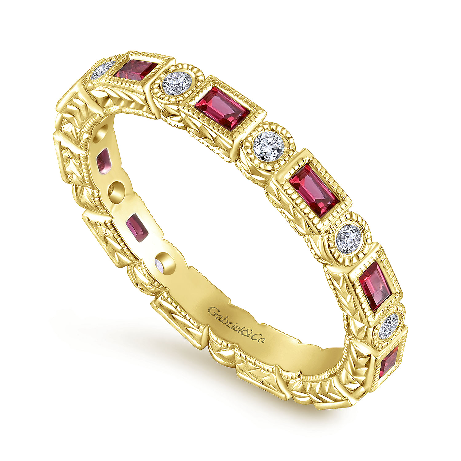 14K Yellow Gold Ruby Baguette and Diamond Round Eternity Ring