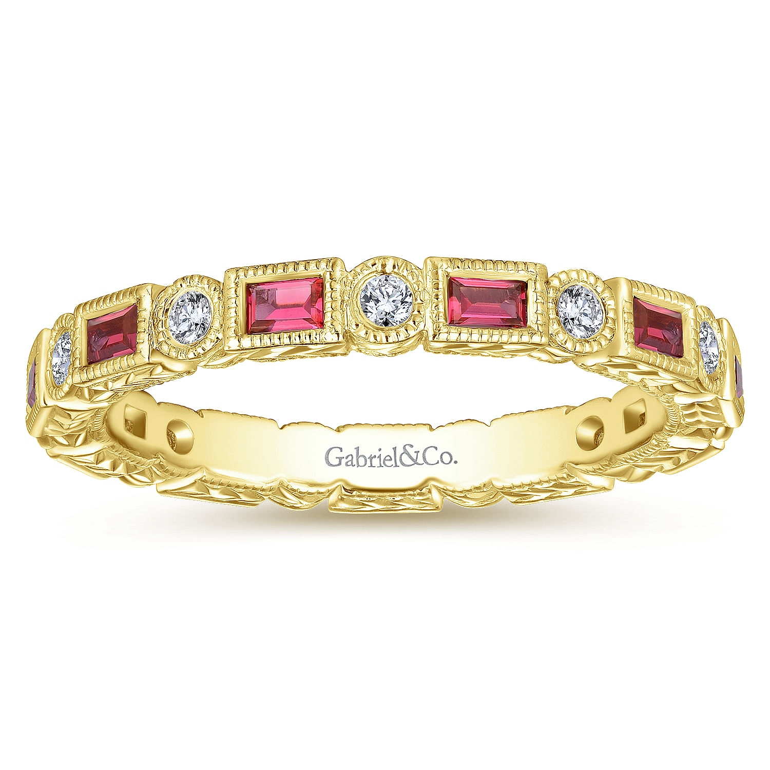 14K Yellow Gold Ruby Baguette and Diamond Round Eternity Ring