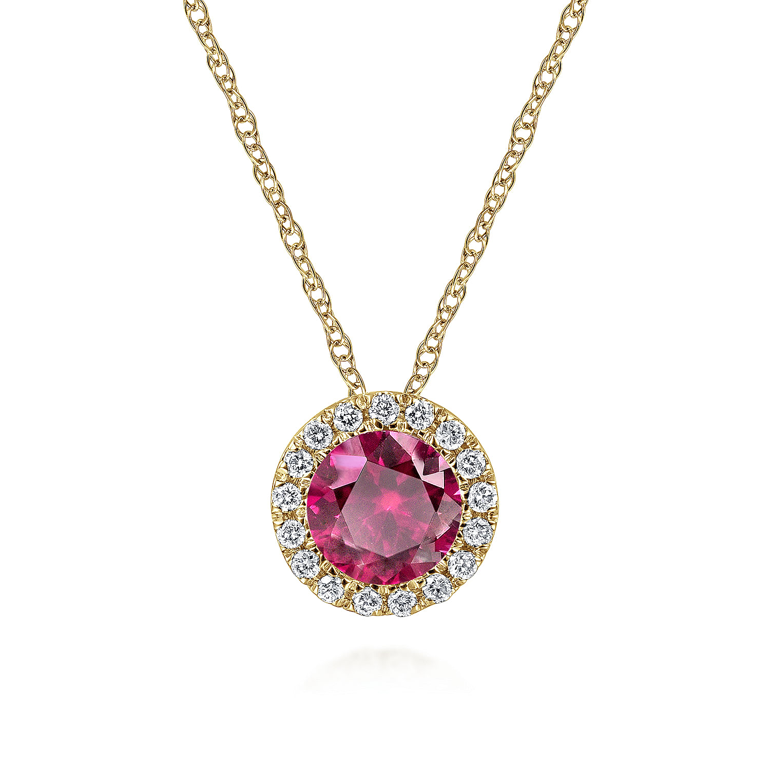 14K Yellow Gold Ruby and Diamond Halo Pendant Necklace