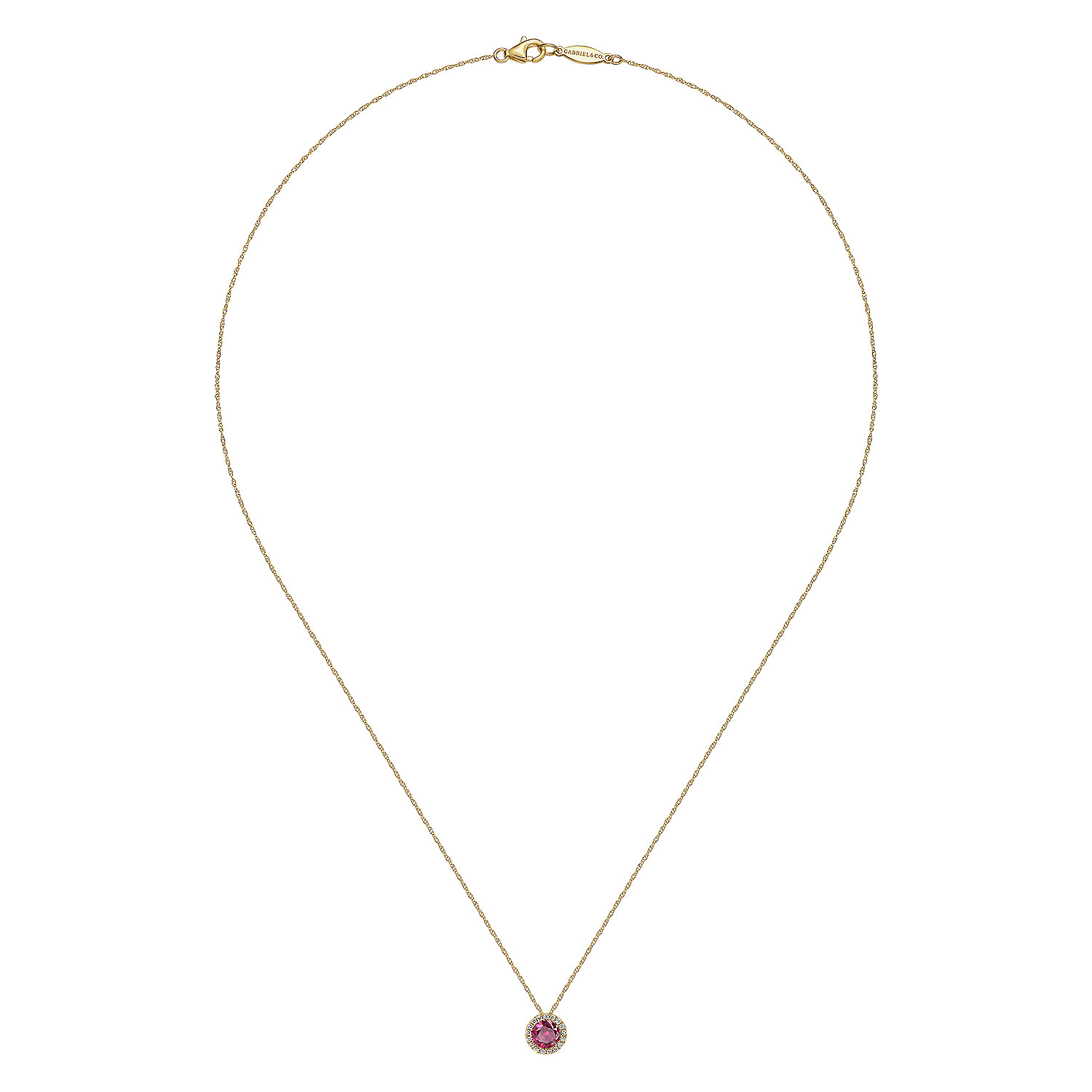14K Yellow Gold Ruby and Diamond Halo Pendant Necklace