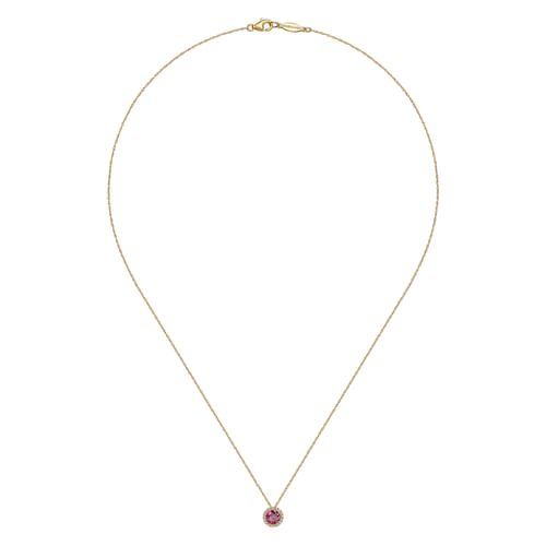 14K Yellow Gold Ruby and Diamond Halo Pendant Necklace