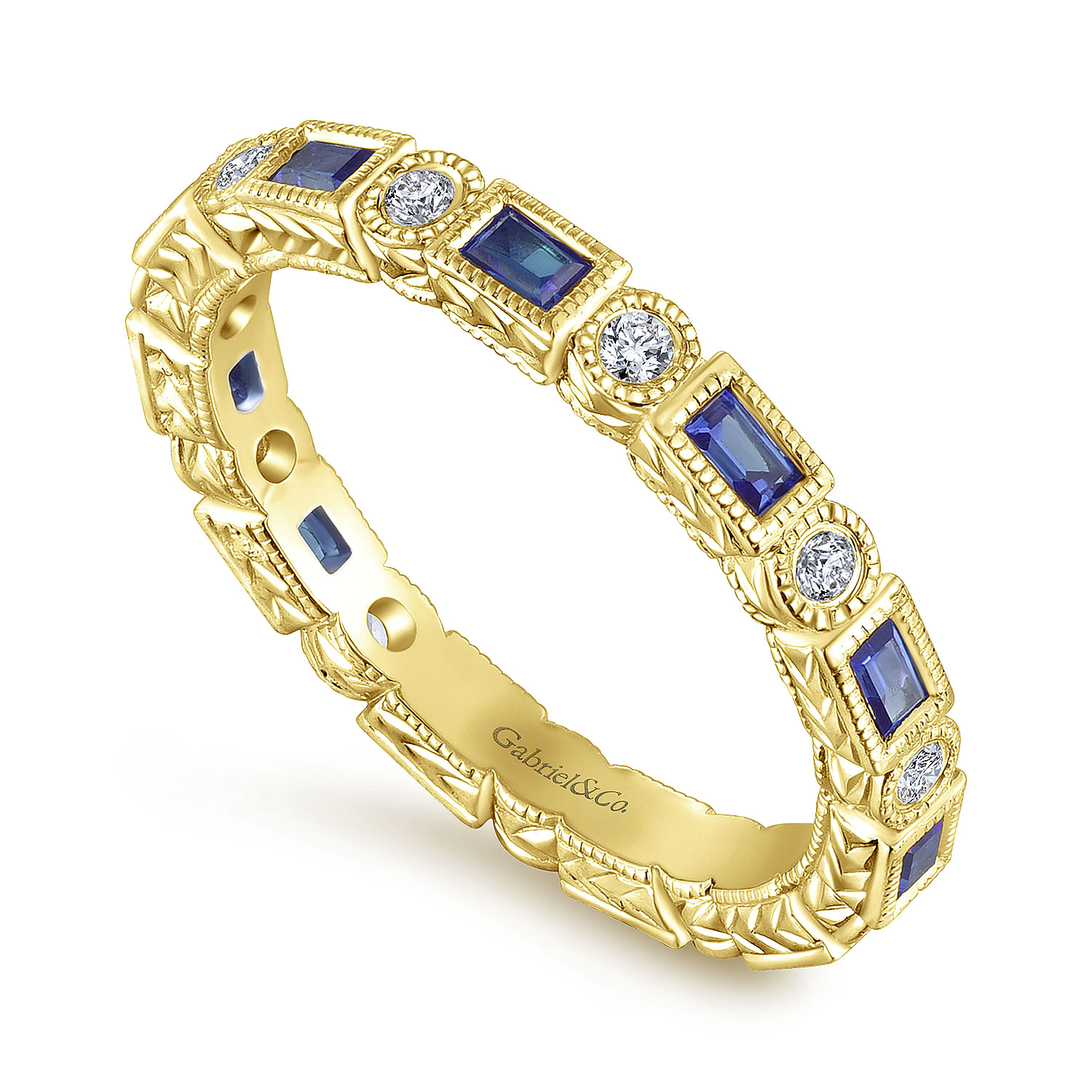 14K Yellow Gold Sapphire Baguette and Diamond Round Eternity Ring