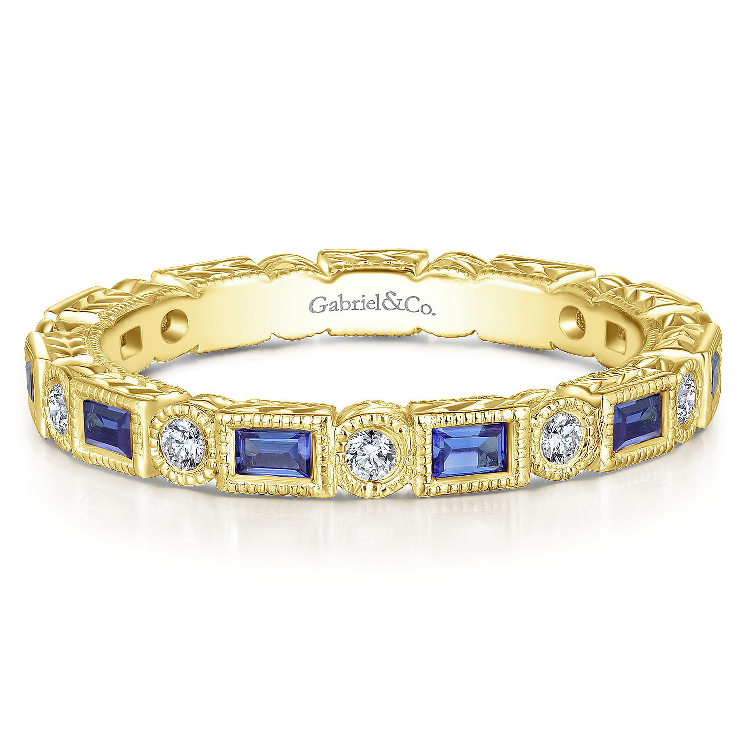 14K Yellow Gold Sapphire Baguette and Diamond Round Eternity Ring