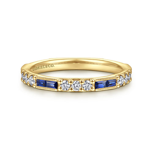 14K Yellow Gold Sapphire Baguette and Diamond Stackable Ring