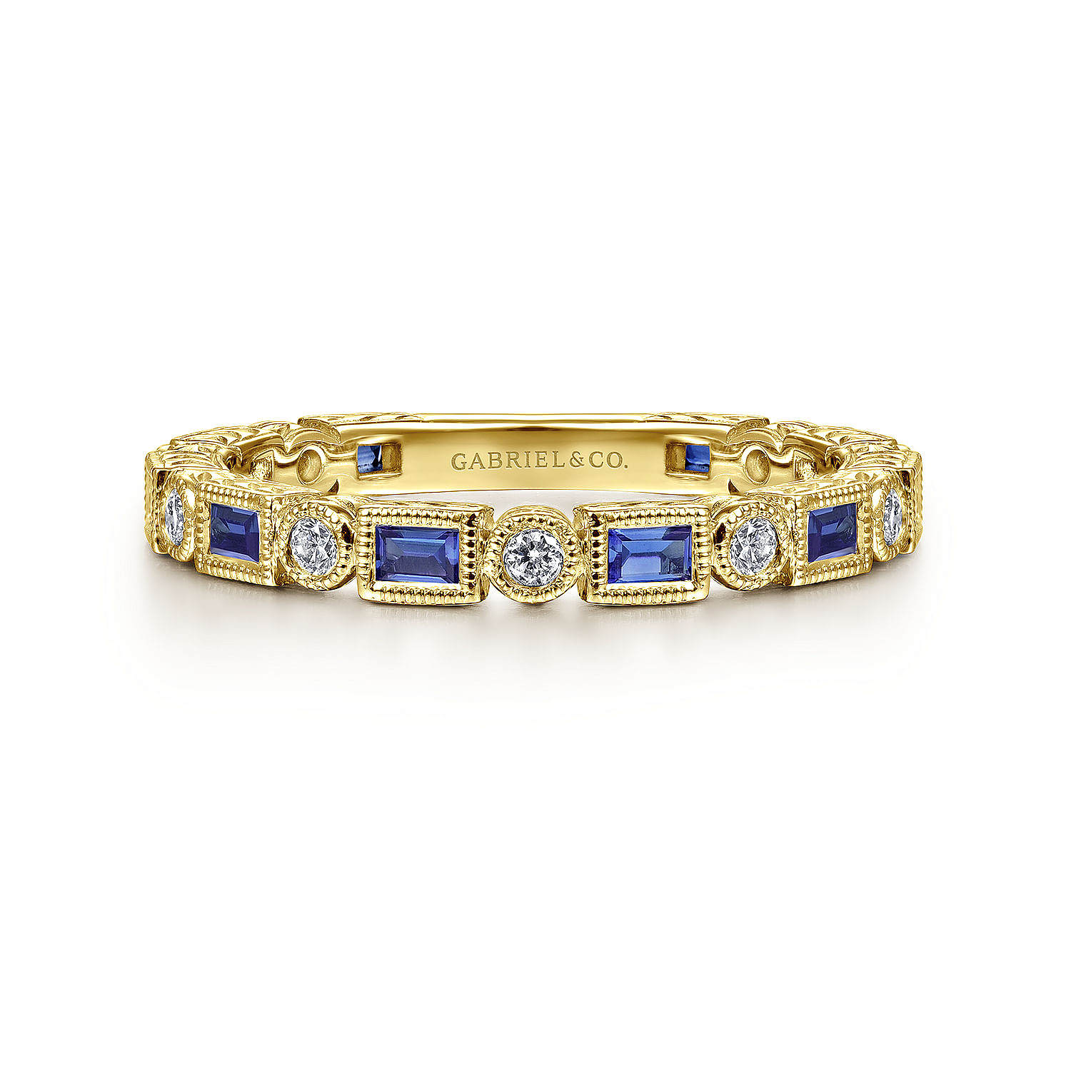 14K Yellow Gold Sapphire Baguette and Round Diamond Stackable Ring