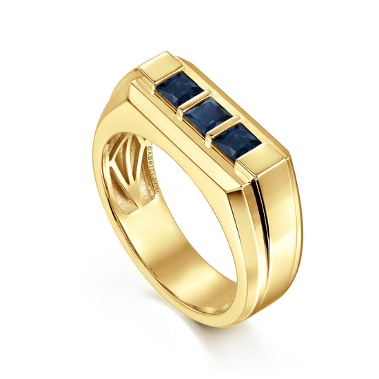14K Yellow Gold Sapphire Men's Ring in Sand Blast Finish angle 3
