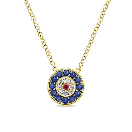 14K Yellow Gold Sapphire, Ruby and Diamond Evil Eye Pendant Necklace