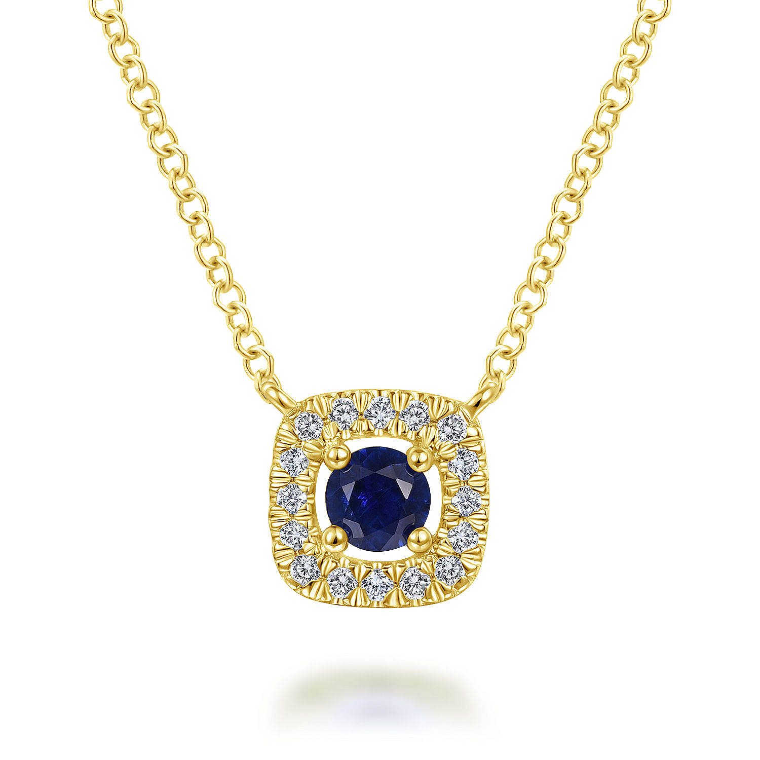 14K Yellow Gold Sapphire and Cushion Shape Diamond Halo Pendant Necklace