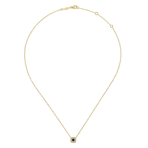 14K Yellow Gold Sapphire and Cushion Shape Diamond Halo Pendant Necklace