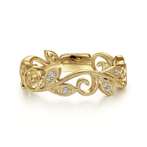 14K Yellow Gold Scrolling Floral Diamond Stackable Ring