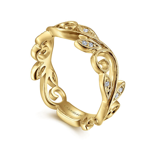 14K Yellow Gold Scrolling Floral Diamond Stackable Ring