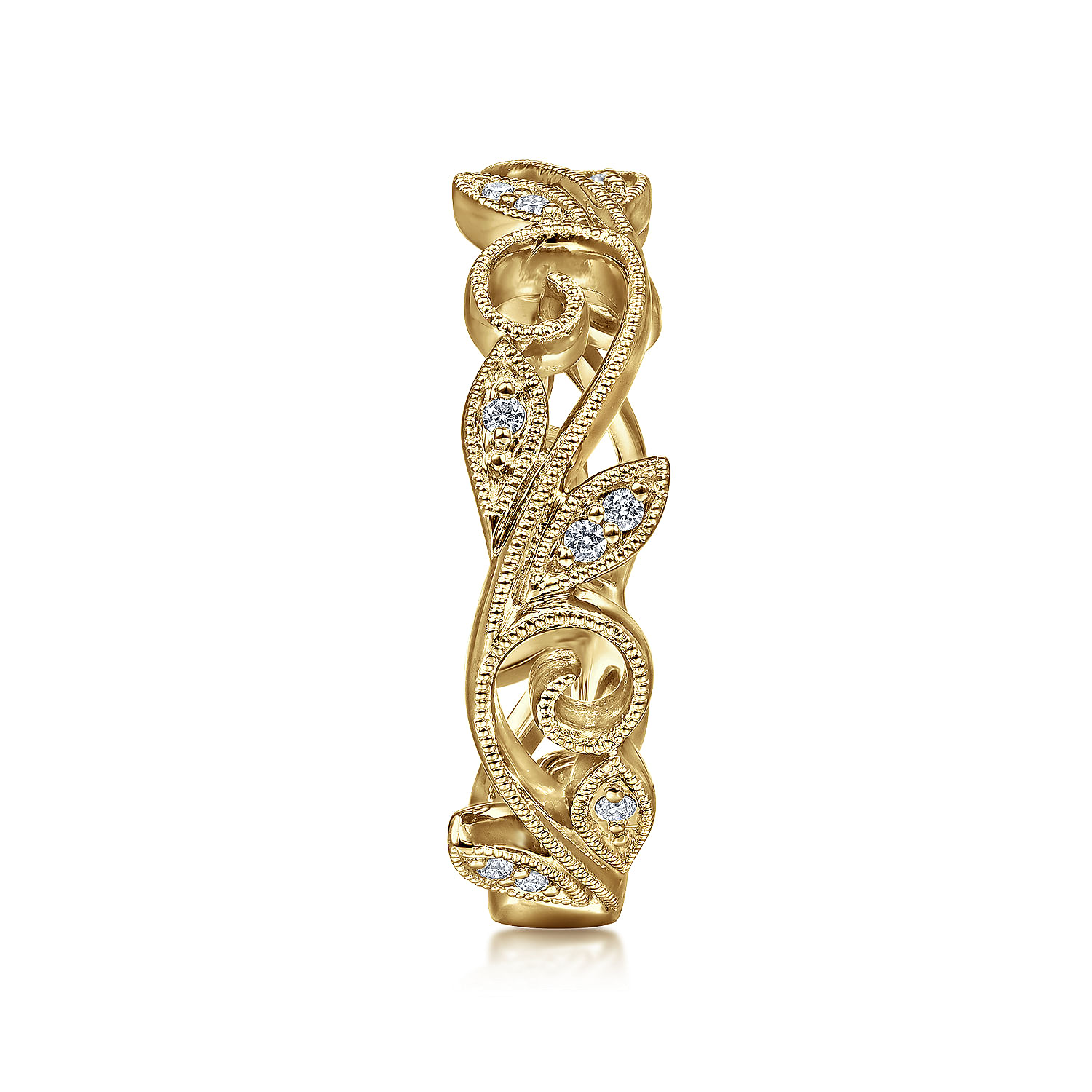 14K Yellow Gold Scrolling Floral Diamond Stackable Ring