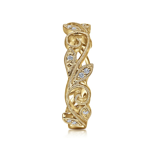 14K Yellow Gold Scrolling Floral Diamond Stackable Ring