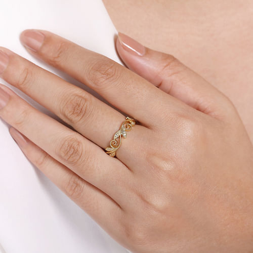 14K Yellow Gold Scrolling Floral Diamond Stackable Ring