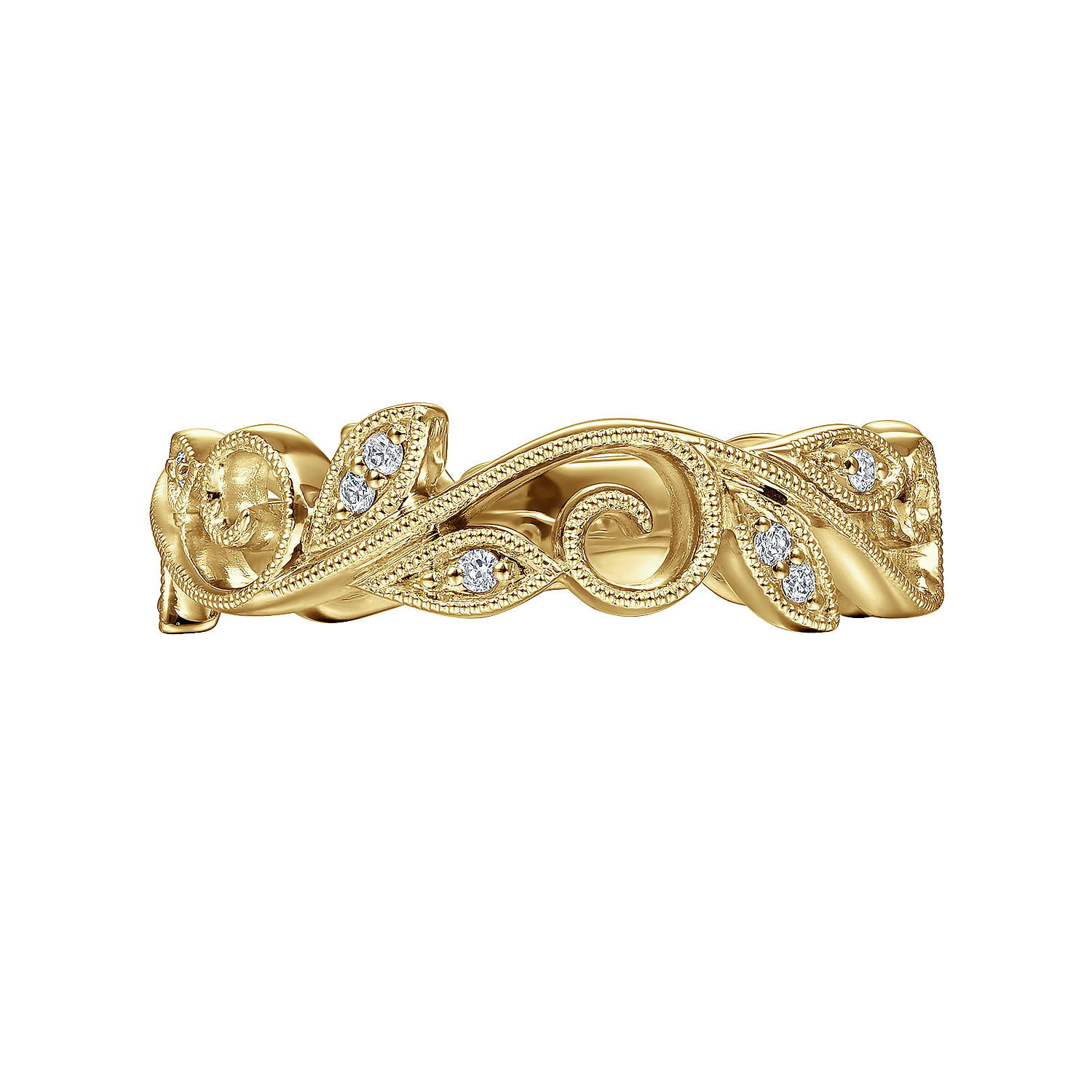 14K Yellow Gold Scrolling Floral Diamond Stackable Ring