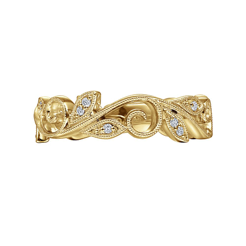 14K Yellow Gold Scrolling Floral Diamond Stackable Ring