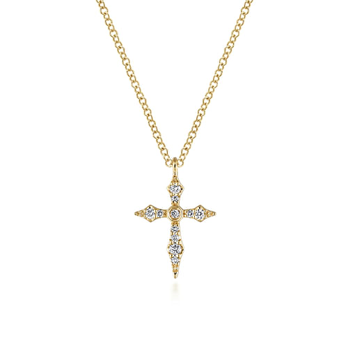 14K Yellow Gold Sculpted Diamond Cross Pendant Necklace