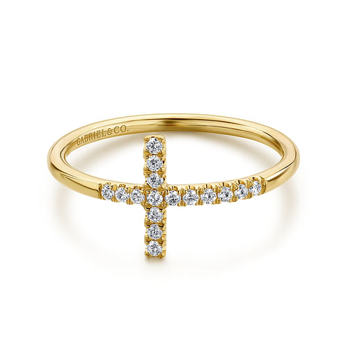 14K Yellow Gold Sideways Cross Diamond Ring