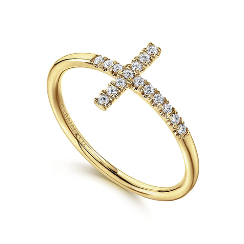 14K Yellow Gold Sideways Cross Diamond Ring