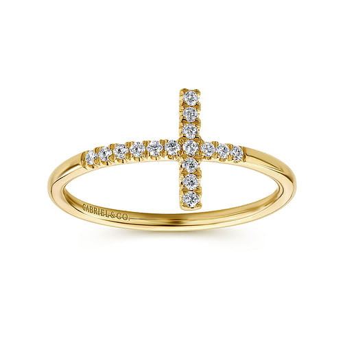 14K Yellow Gold Sideways Cross Diamond Ring