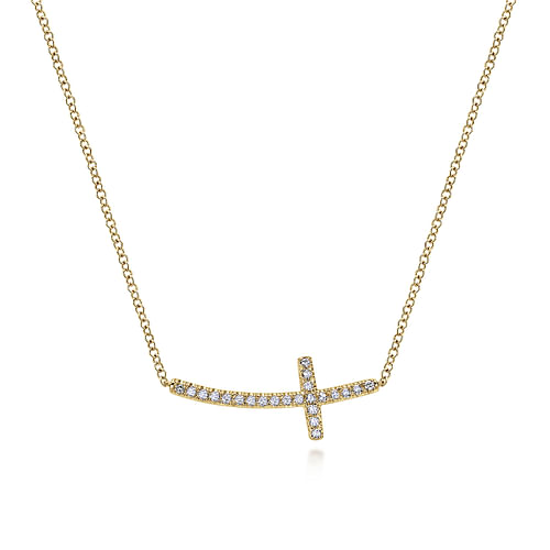 14K Yellow Gold Sideways Curved Diamond Cross Necklace