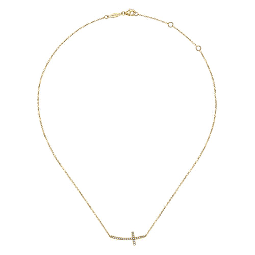 14K Yellow Gold Sideways Curved Diamond Cross Necklace