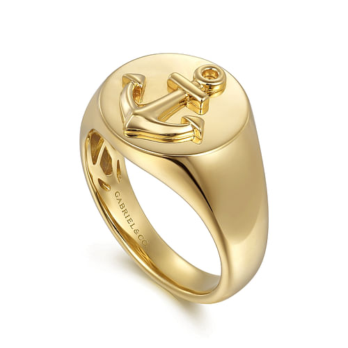 14K Yellow Gold Signet Mens Ring in High Polished Finish