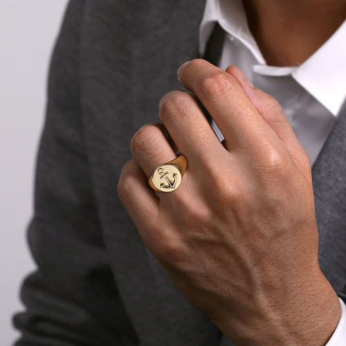 14K Yellow Gold Signet Mens Ring in High Polished Finish