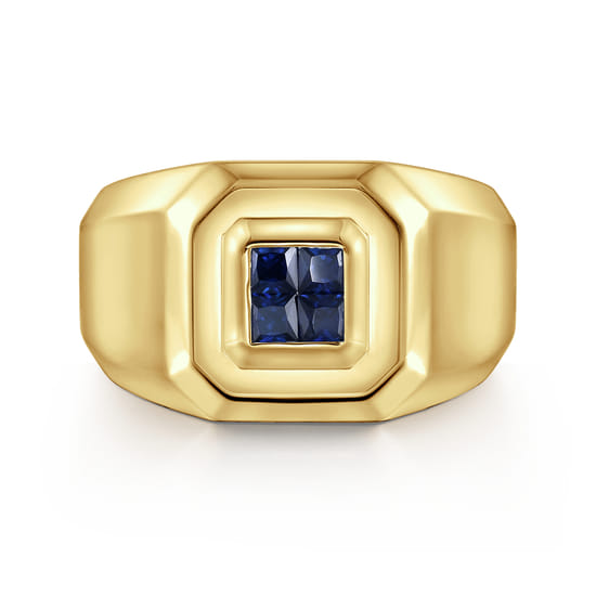 14K Yellow Gold Signet Ring with Princess Cut Sapphires