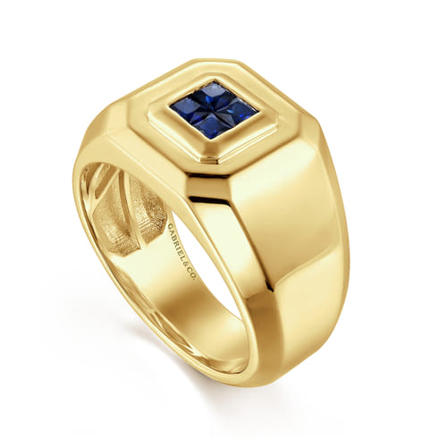 14K Yellow Gold Signet Ring with Princess Cut Sapphires