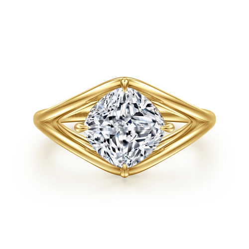 14K Yellow Gold Split Shank Compass Prong Cushion Cut Diamond Engagement Ring
